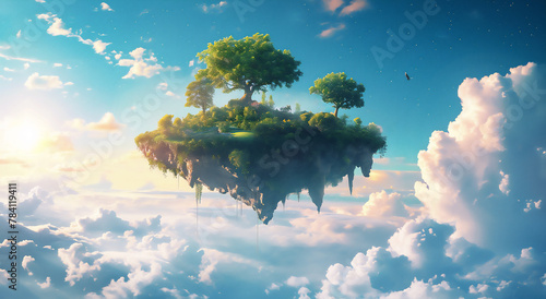 Surreal green island with trees floating in the cloudy sky landscape. Fantasy world concept. © LanaUst