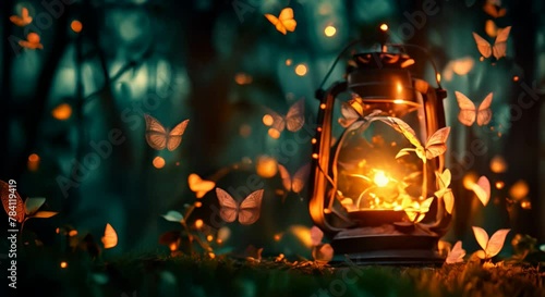 
a lantern containing butterflies. The light projected from this is golden in color and the butterflies themselves glow in a goldish color promoting a sense of potential to transform your life and sur photo