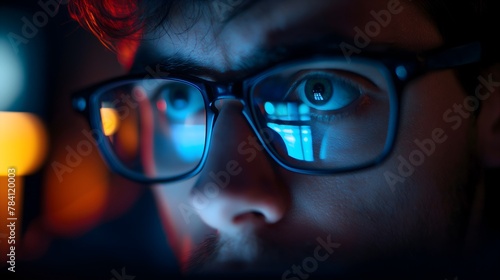 Financial Trader Strategically Analyzing Stock Market Data, Reflected in Glasses
