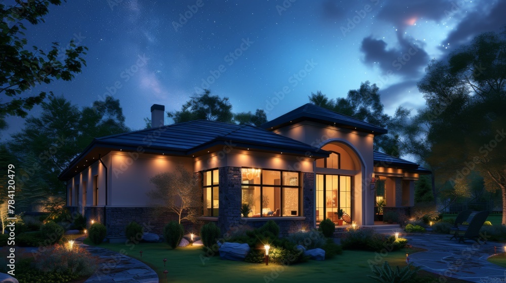 A spacious house surrounded by trees illuminated at night A spacious house surrounded by trees illuminated at night