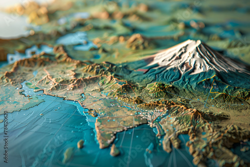 Three-dimensional map featuring a snow-capped volcano and surrounding topography. Japan