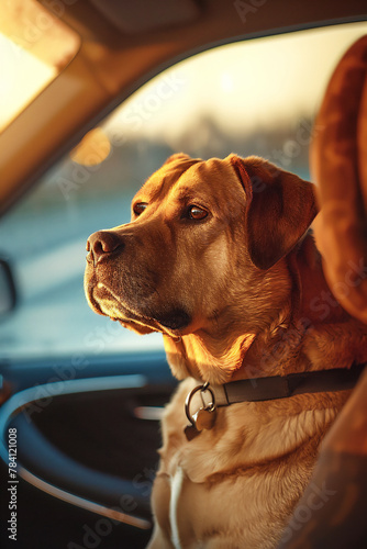 Cinematic scene at sunset featuring dog looking out of window of the car during travel, excited for his first trip with his family.