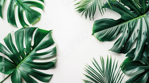Summer fashion essence: minimalist tropical white background with exotic palm leaves