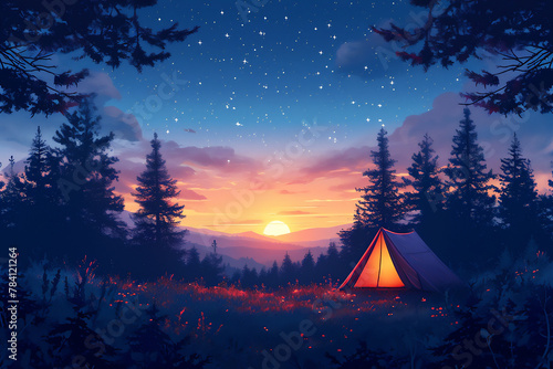 Clearing in a pine forest landscape and starry night sky illustration with tent. Background for summer camp, nature tourism, camping or hiking design concept.