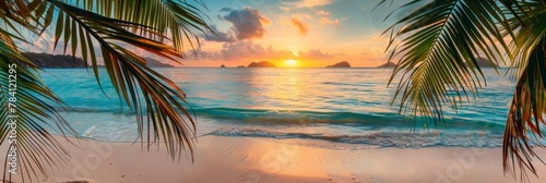 Palm trees silhouette against azure sky, as the sun sets on tropical beach