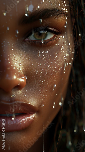 The dark-skinned woman's face, with brown eyes, is decorated with raindrops that gently run down her skin, highlighting her features. The drops catch the light, creating tiny sparkles on your lashes a