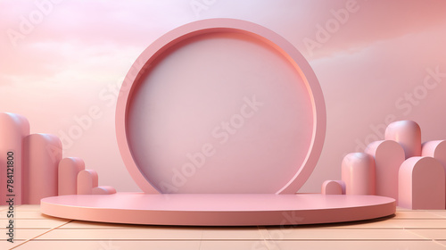 Pink podium with a circular backdrop. © Wonderful Studio