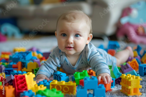 Adorable baby playing with a set of colorful building blocks.
