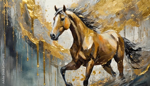 Abstract oil painting with gold  horse  wall art  knife painting  paint spots and strokes. Large stroke oil painting  mural  art wall.
