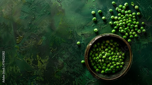 Bowl with fresh green peas on dark green background photo