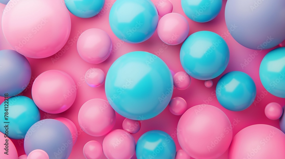 Abstract background, with 3D blue balls on pink background, turquoise and pink spheres. Abstract background, with 3D blue balls on pink background, turquoise and pink spheres.