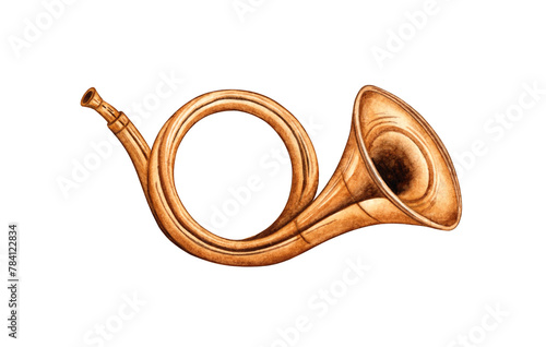 Watercolor illustration of a bugle wind musical instrument isolated from background. Musical instrument on the theme of music, hobby, learning. For the design of a postcard, poster, book cover, album