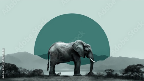 A calm elephant stands in front of the moon  with a tranquil backdrop of mountains and trees in monochrome. Blend of wildlife and art.