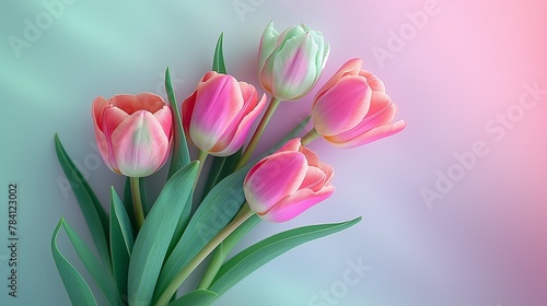 Tulips with various colors lying on a background with soft pastel gradient. Mothers day concept. Wedding concept. 