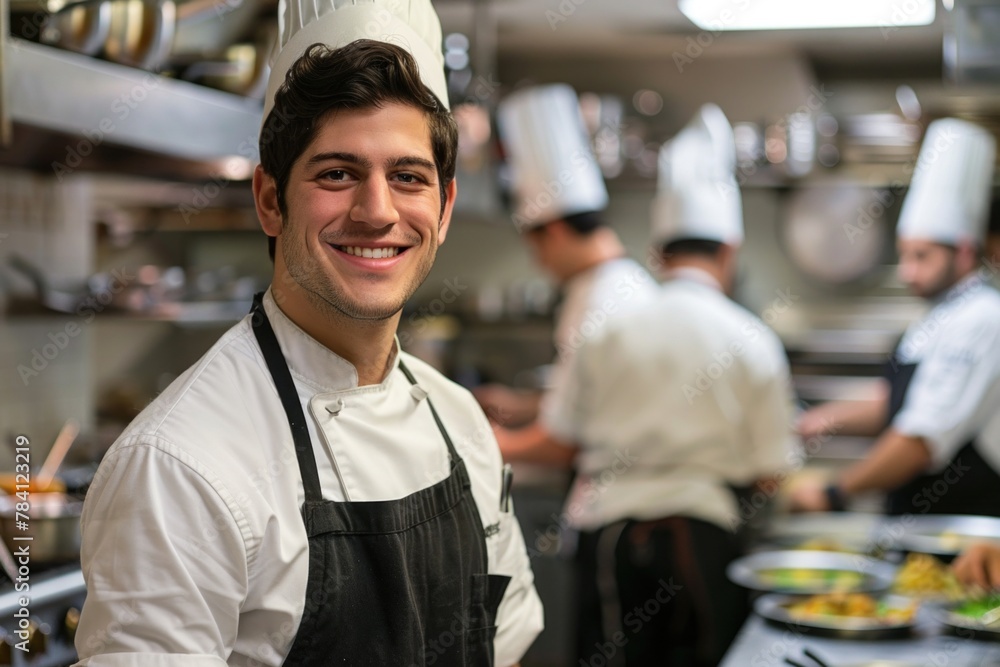 Happy male chef posing with coworkers in a busy restaurant kitchen Happy male chef posing with coworkers in a busy restaurant kitchen