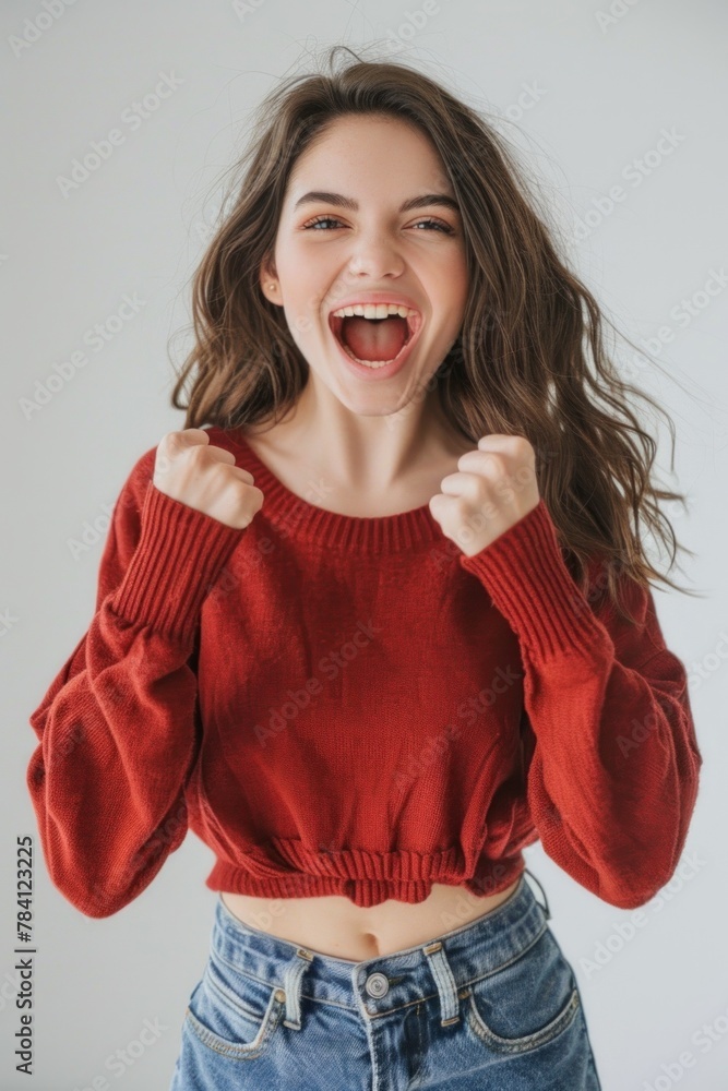 Excited young woman in a red sweater raises her fists in joy against a plain white backdrop - obrazy, fototapety, plakaty 