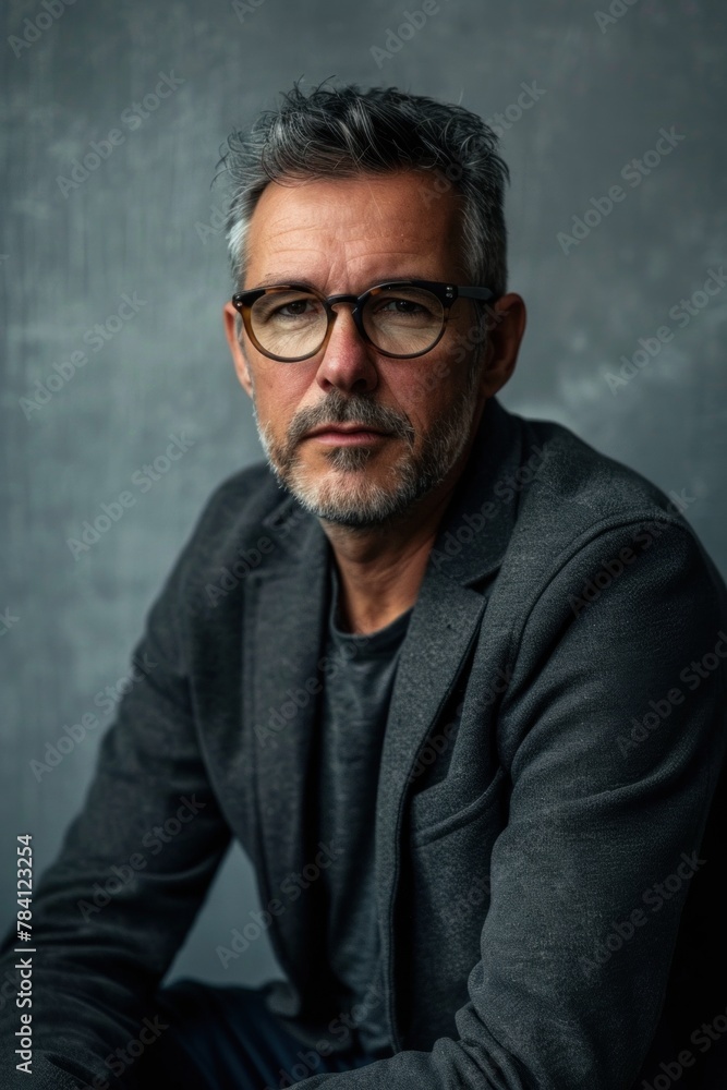 Portrait of a distinguished mature man with glasses and stubble against a textured background Portrait of a distinguished mature man with glasses and stubble against a textured background