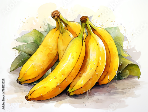 Banana bunch with drops of water splash. Ripe fruit illustration