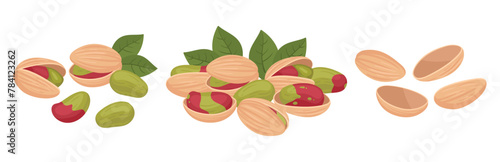 Cartoon pistachios handfuls. Raw pistachio nuts in shell, tasty nuts snack heaps flat vector illustration. Organic delicious pistachio nuts on white