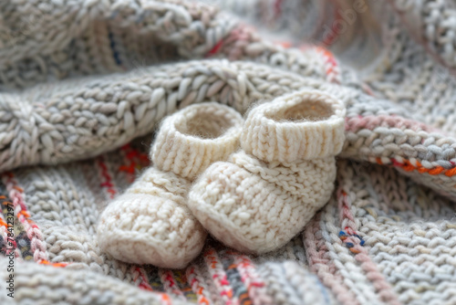 A pair of baby booties resting on a knitted blanket. © Eun Woo Ai