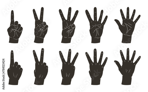 Counting hands silhouettes. Hand palms count gestures, counting from one to five gestures flat vector illustration set. Human hands with countdown gestures