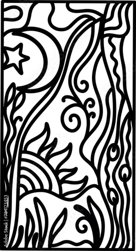 Laser cutting template, cut panel for CNC , room privacy screen with sun and moon, curl home interior decor, swirl paper art for card and background. stencil vector illustration