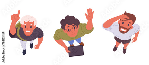Characters staring up top view. Male people looking upwards, men view from above amazed something in sky flat vector illustration set. Cartoon guys look up