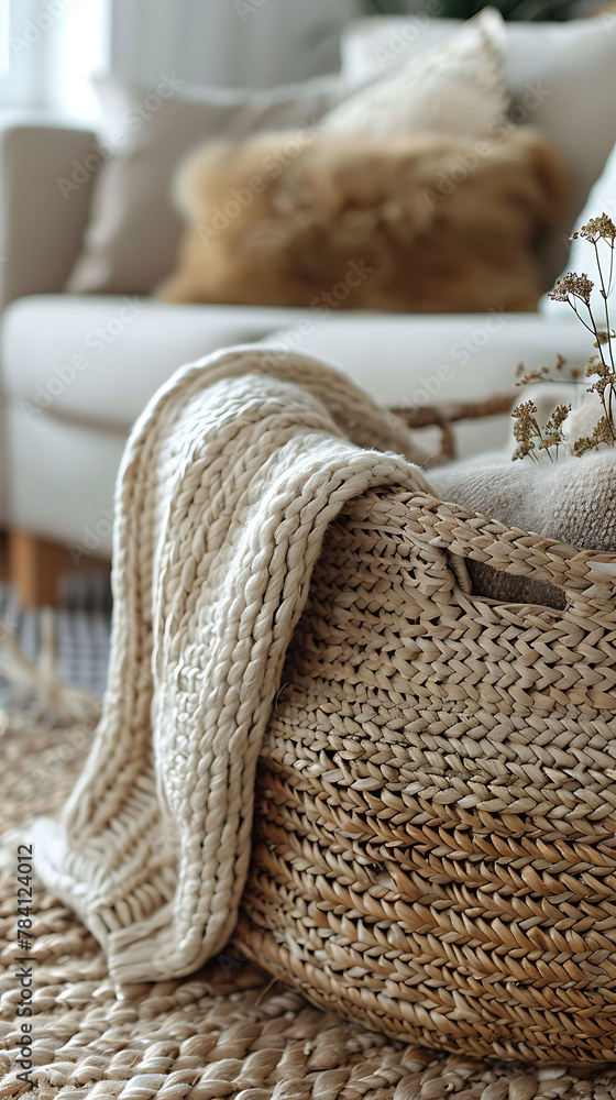 Macro shot of a woven basket filled with blankets, scandinavian style interior