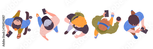 Men walking top view. Walking male characters, moving diverse people group view from above, guys strolling flat vector illustration set. Cartoon men top view