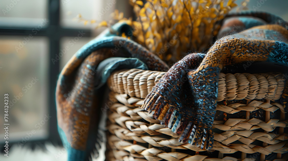 Macro shot of a woven basket filled with blankets, modern interior design, scandinavian style hyperrealistic photography