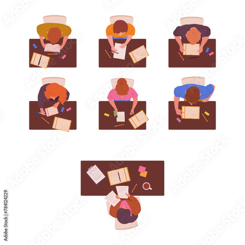 Students and teacher top view. Children sitting at desks in classroom view from above, pupils studying and reading books flat vector illustration. Classroom with teacher and students top view scene