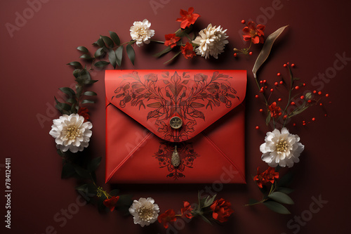 Chinese Style Designer Red Envelope with Embroidery and Moth on a red background with flowers
