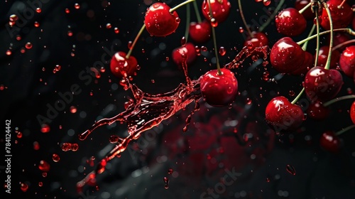 Ripe red cherries splatter in sweet crimson juice, contrasting against a mysterious black backdrop.