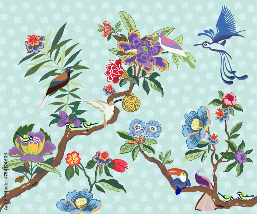 Fototapeta premium Antique Exotic Painting Wallpaper with Vintage Flowers Birds Tree and Leaves Vector