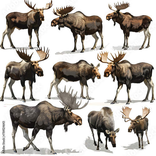 Clipart illustration featuring a various of moose on white background. Suitable for crafting and digital design projects.[A-0001]
