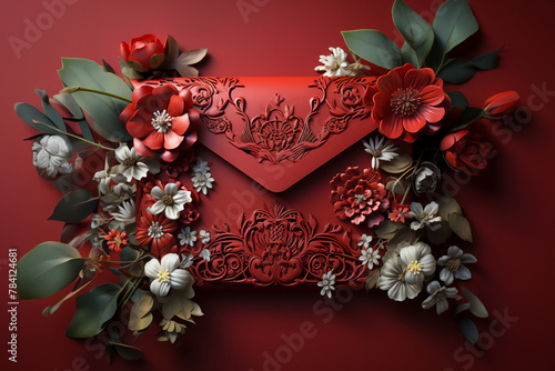 Chinese Style Designer Red Envelope with Embroidery and Moth on a red background with flowers