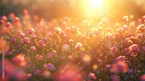 tiny pink flowers with wild meadow over sunrise sunset landscape photography, spring photography, nature background
