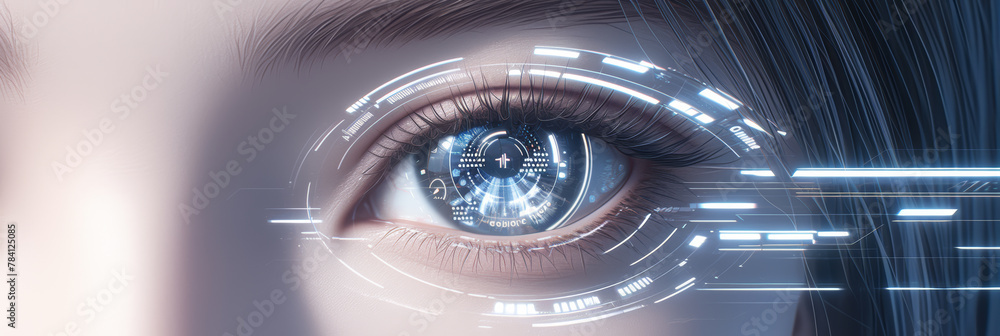A young woman's eyes reflect digital encrypted information reflected by AI technology. Ai digital technology concept. A young woman's eyes reflect digital encrypted information reflected by AI technology. Ai digital technology concept.