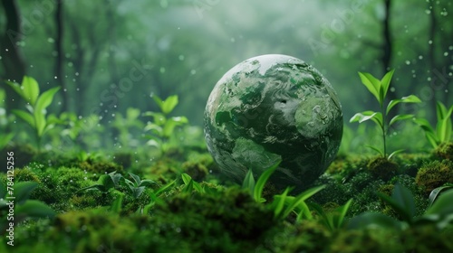Green plants growing around a globe with a focus on sustainability and the environment. photo