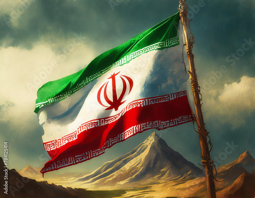 Vintage Iran Flag against to mountain with cloudy sky. symbol of patriotism and Iranian culture photo