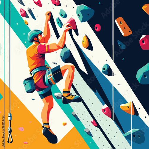 athlete practicing rock climbing in a flat design illustration