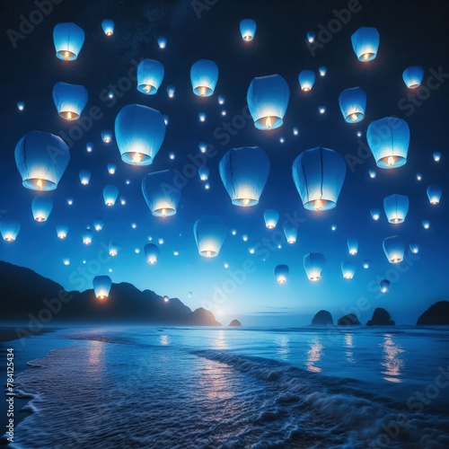 Blue Chinese lanterns floating on the sea at night