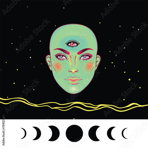 Portrait of mystic girl with three eyes. Vector illustration of a witch mutan...
