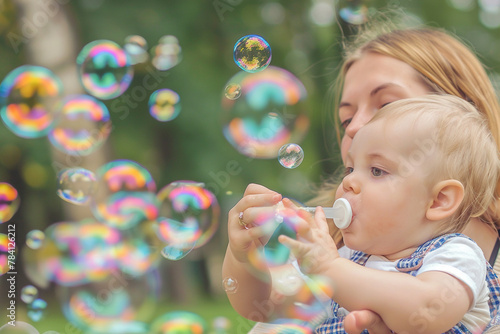 A mom and baby sharing a joyful moment while blowing bubbles.