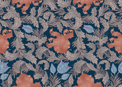 Floral vintage seamless pattern for retro wallpapers, textiles, designs. Enchanted Vintage Flowers. Arts and Crafts movement inspired.