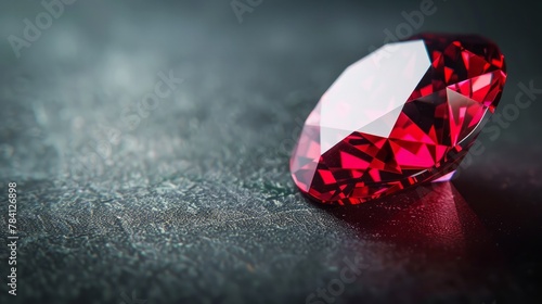 A ruby gemstone gleams on a black surface. photo