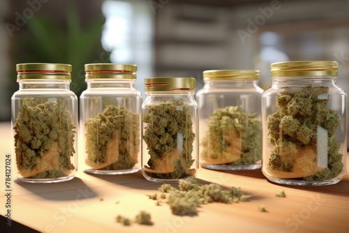 Diverse Medical Cannabis Strains in Glass Jars: Indica, Sativa, Hybrid Options for Personalized Treatment