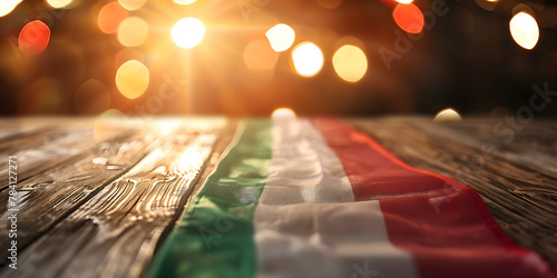 Wooden table with Mexican flag color fabric, Mexican party. Copy space