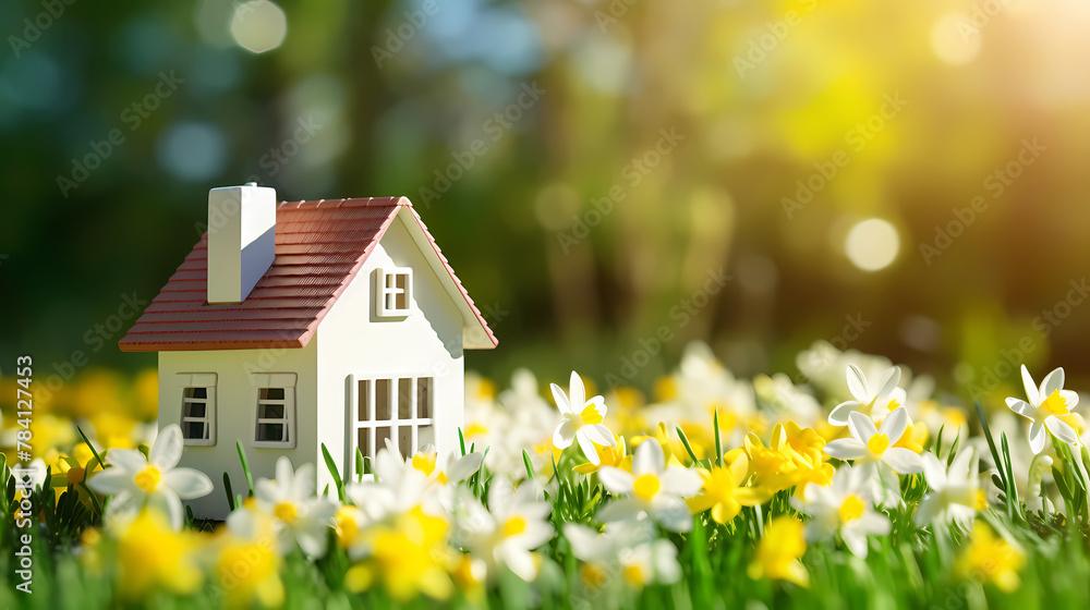 Mini house model on spring grass, real estate investment and financial management concept illustration Mini house model on spring grass, real estate investment and financial management concept illustration