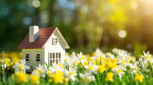 Mini house model on spring grass, real estate investment and financial management concept illustration © jiejie